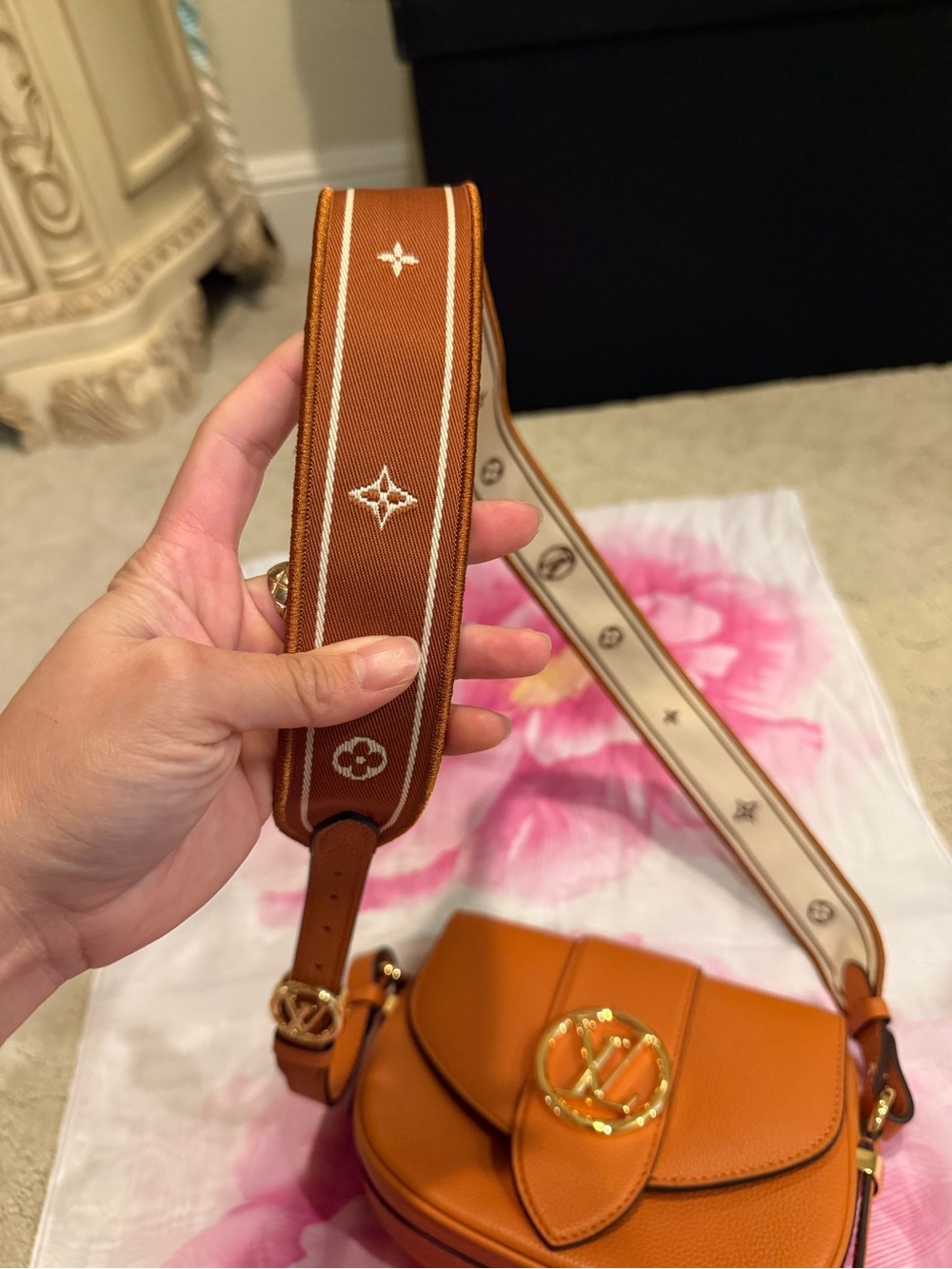 Leather Crossbody Bag with Wide Adjustable Strap - Orange
